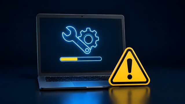 Laptop displaying glowing blue wrench and gear icons with progress bar next to yellow warning triangle illustrating technical support and system repair process