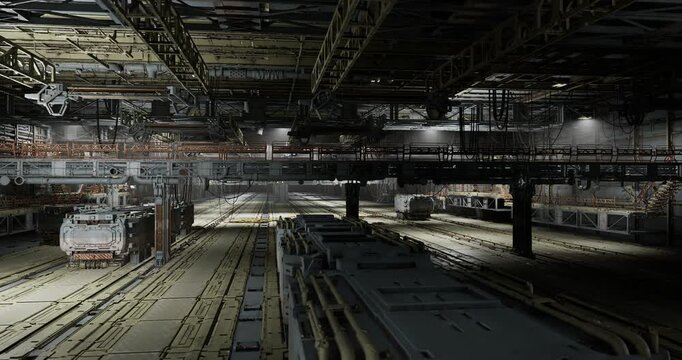 surveillance vantage of empty train depot at night with security monitors, camera glare, catwalk silhouettes and controlled lighting tense quiet with technical