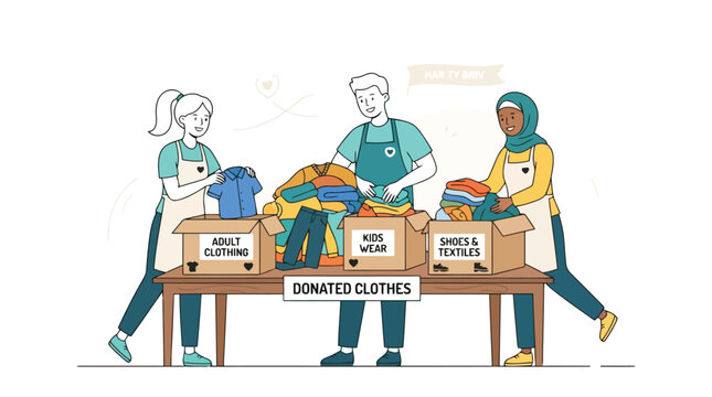 Volunteers sorting and packing donated clothes into boxes for charity at a community center vector
