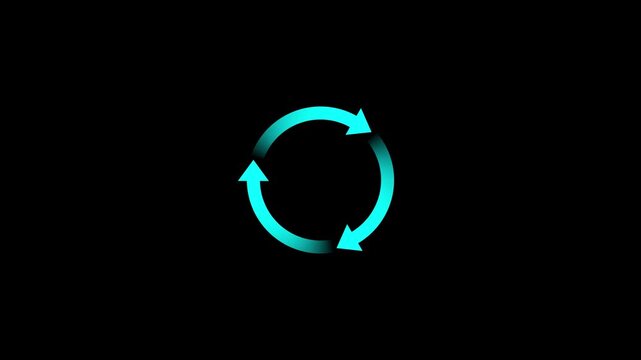 Cyan color circular arrows rotation cycle seamless loop animation on black background