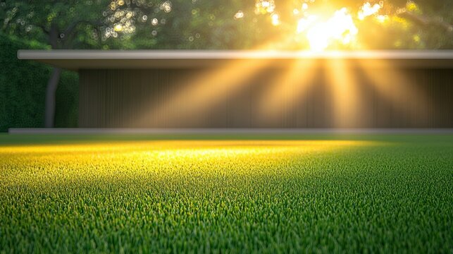 Evening Lawn with Golden Hour Lighting Quiet lawn scene at dusk, with golden hour lighting casting warm, soft shadows over the neatly trimmed grass.