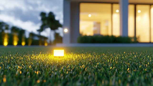 Evening Lawn with Golden Hour Lighting Warm evening tones covering a neatly mowed lawn, with a calm and cozy feel ideal for autumn or summer themes.