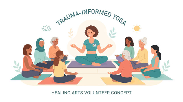 Trauma informed yoga healing arts volunteer session for diverse women in studio vector illustration