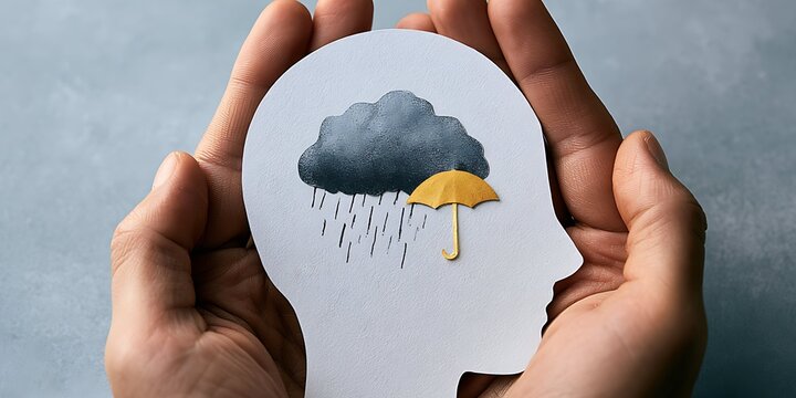 Heavy storm cloud inside paper head profile, emotional depression and therapy support concept, world mental health day
