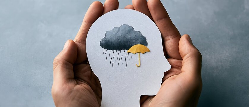 Heavy storm cloud inside paper head profile, emotional depression and therapy support concept, world mental health day