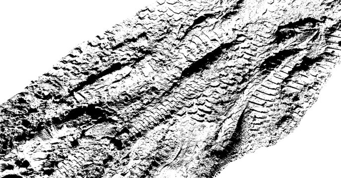 Diagonal muddy tire track with deep tread grooves and rough texture