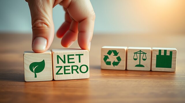 A hand placing a wooden block with net zero text next to blocks with green leaf and recycling on a wooden desk in a bright office