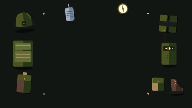 Animated Military Gear Layout on Dark Background