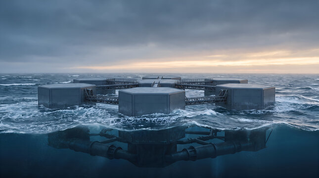 Offshore floating modular data center platform moored in arctic waters powered by ocean wave kinetic energy and direct seawater cooling for sustainable zero emission cloud computing web banner
