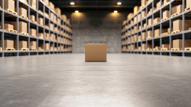 logistic Warehouse Interior An organized warehouse interior with rows of shelves stacked with boxes and goods, representing efficient inventory management.