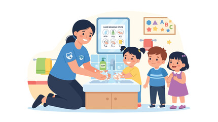 Fototapeta premium Volunteer teacher showing young children proper hand washing steps in a colorful classroom setting vector illustration