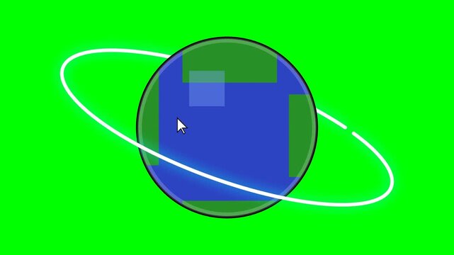 Animation of a flat design globe with a white orbit ring and cursor on a green screen. Ideal for internet browsing and global network concepts