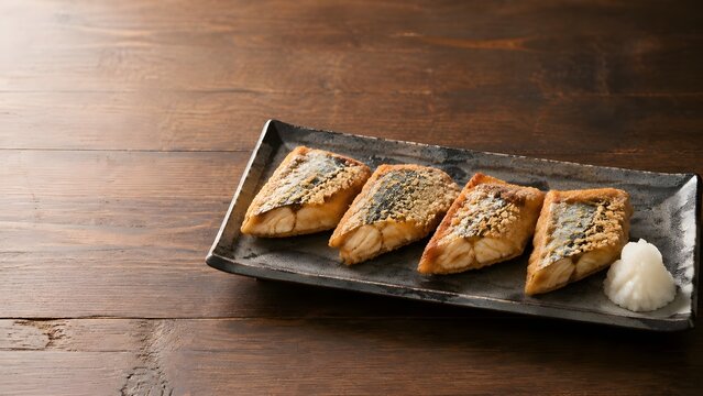 japanese fried saury tatsuta age with grated daikon on a ceramic plate