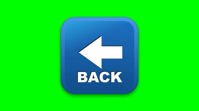 3D animation of a blue square "BACK" button with a left arrow on a green screen. Simulates user interface navigation for web and app design