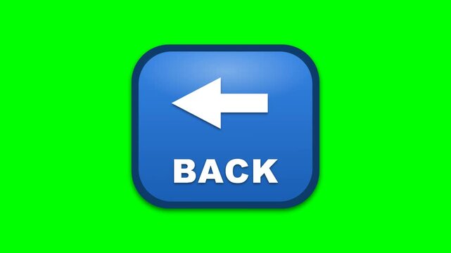 3D animation of a gradient blue "BACK" button with a left arrow on a green screen. Ideal for user interface navigation in web and app design