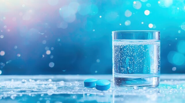 vitamin Effervescent Tablet and Glass of Water Glass of water with a vibrant effervescent tablet mid dissolve, promoting health and daily energy.