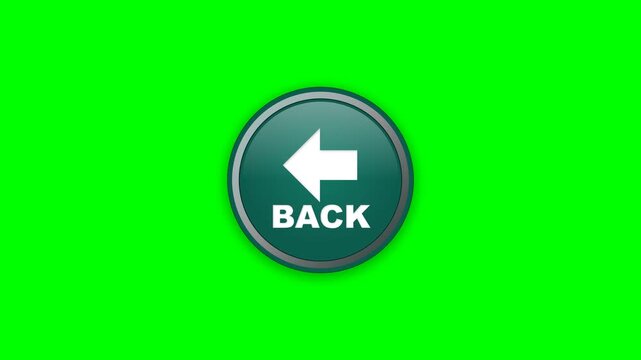 3D animation of a dark-bordered round green "BACK" button with a white arrow on a green screen. Ideal for user interface navigation in web and app design