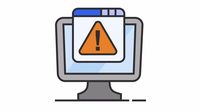 Computer monitor displaying a warning pop-up window cartoon animation with an exclamation warning triangle symbol for system warning element concept isolated on an alpha channel.