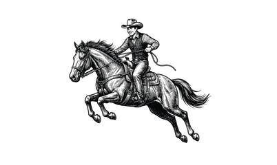 Naklejka premium Vintage Cowboy Riding a Galloping Horse, Detailed Western Engraving Illustration Isolated on White Background Design