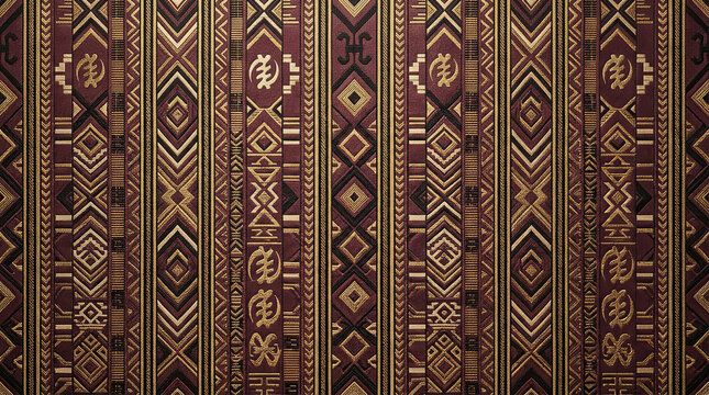 Deep burgundy and gold woven fabric with traditional west african adinkra symbols.