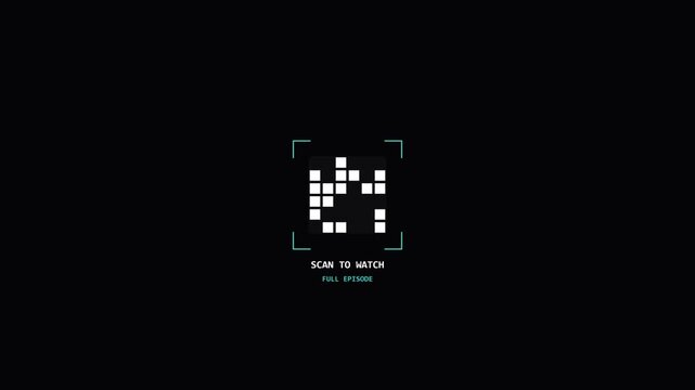 Minimalist digital QR code animation on solid black background, tech scan icon with text, modern concept video for virtual content and streaming promotion, static design