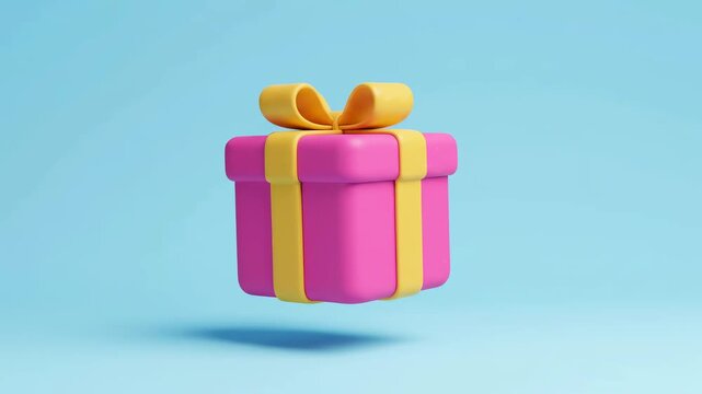 A vibrant 3D animated pink gift box with a yellow ribbon, gracefully floating and rotating on a clean blue background. Ideal for celebrations, holidays, and special occasions.
