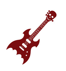 Obraz premium Bat Wing Electric Guitar icon. Dark red silhouette of a spooky heavy metal musical instrument decorated with a creepy skull headstock for Halloween art