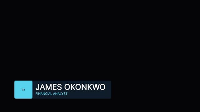 Modern lower third graphic with blue name tag overlay, corporate broadcast design reading James Okonkwo Financial Analyst on a clean dark background, professional video editing template element