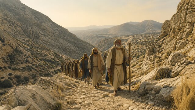 Group of men in ancient biblical robes walking along rocky mountain path. Disciples journey to Emmaus. Christian faith, pilgrimage and holy scripture Easter story concept.
