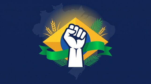 Raised fist of protest on Brazil flag background, patriotic Brazilian resistance symbol, national strength and social justice concept