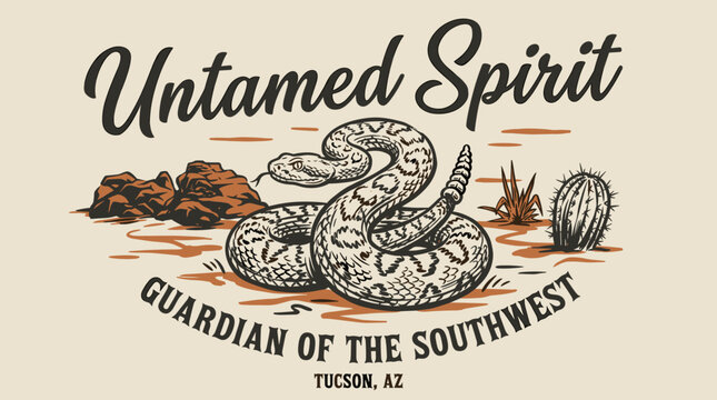 Untamed spirit desert rattlesnake illustration. Guardian of the southwest vintage snake art. Tucson Arizona outdoor adventure graphic. Wildlife serpent retro design.