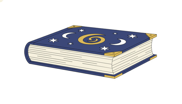 Magical spellbook with dark blue cover decorated with gold crescent moons, shiny stars, and a mysterious spiral symbol.