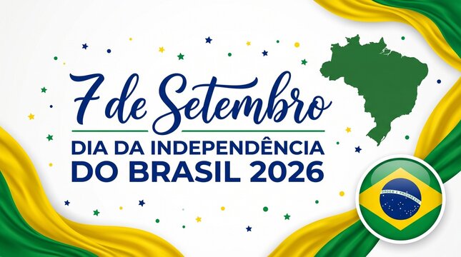 Brazil Independence Day 2026 banner, 7 de Setembro patriotic background, Brazilian flag colors with map and confetti
