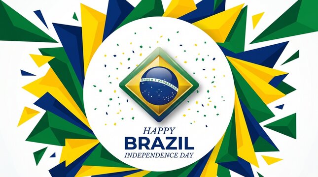 Brazil Independence Day greeting card, patriotic Brazilian flag colors with geometric shapes, Happy Brazil Independence Day banner