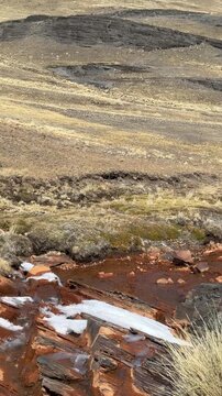 Riacho de &aacute;gua avermelhada rica em minerais no vale de Milluni na Bol&iacute;via. V&iacute;deo vertical de paisagem &aacute;rida de montanha no altiplano andino sob c&eacute;u azul.