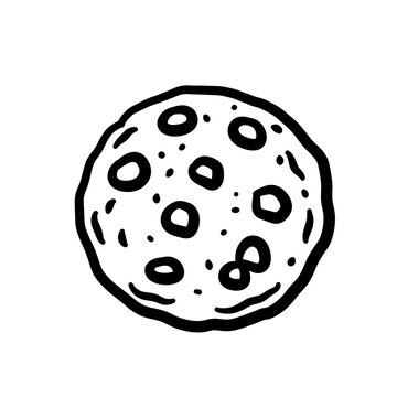 Hand drawn black line art vector set of delicious chocolate chip cookies, continuous line biscuit illustration isolated on transparent background