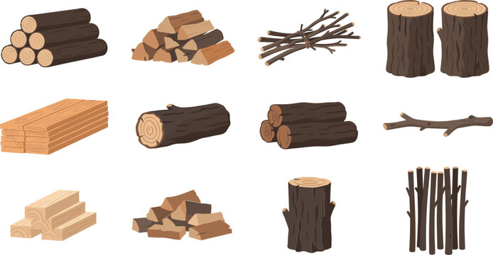 Wood Log and Firewood Vector Set with Lumber Planks, Tree Stumps, Twigs, and Chopped Kindling for Forestry, Camping, Fireplace, and Carpentry Designs