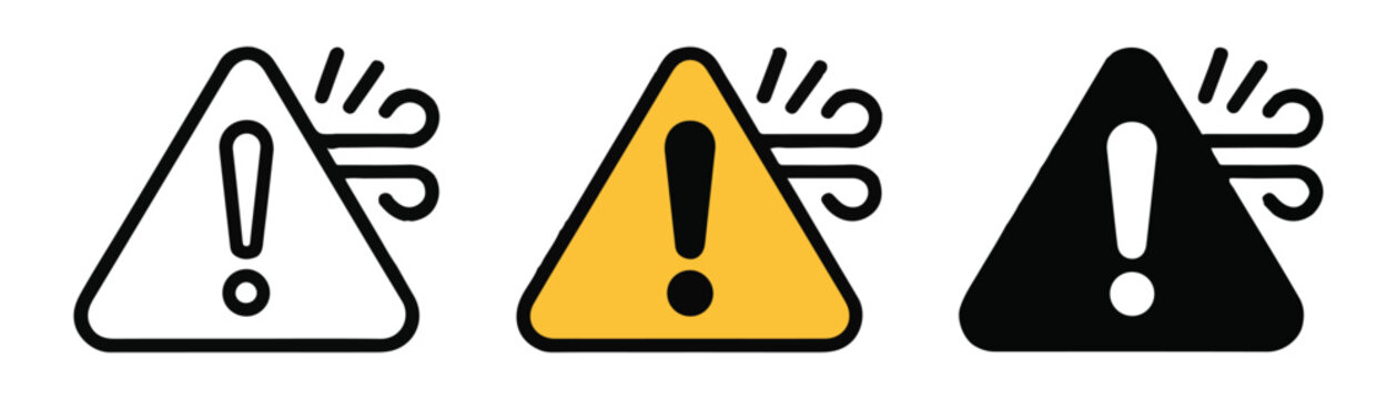 Danger warning sign icon set with wind symbol indicates strong gusts and hazardous conditions.