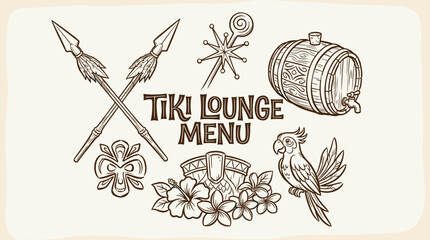 Tropical tiki lounge menu vector set. Hand drawn exotic island design elements. Vintage tribal mask and parrot illustration. Perfect for bar decoration. © m gusafif
