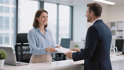 Obraz premium Smiling businesswoman passes paper to businessman in modern office
