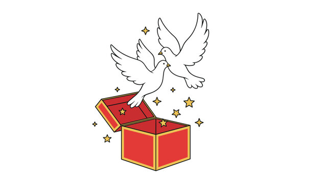 Two beautiful white doves flying out of an opened red gift box decorated with bright golden stars of magic.