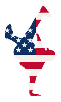 Breakdancer performing a handstand, body shaped with the american flag, symbolizing patriotism and hip hop culture
