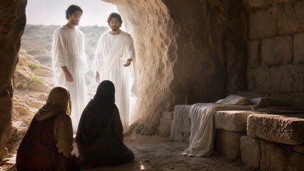 Naklejka premium Two angels appearing to women at empty tomb of Jesus. Biblical scene of resurrection morning. Stone burial place with white shroud inside cave. Easter faith concept.