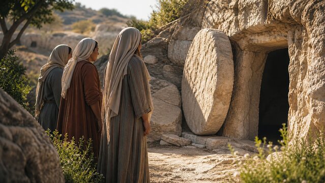 Three women in biblical robes approaching empty tomb with rolled away stone. Discovery of resurrection of Jesus Christ. Easter morning, Christian faith and holy scripture concept.