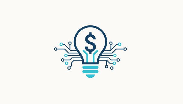Creative modern logo design of a blue lightbulb with a dollar sign and integrated circuit board tracks representing fintech.