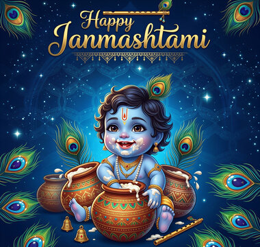 Adorable baby Krishna with butter pots, Janmashtami festival, Indian culture, Hindu child deity, celebration, auspicious occasion, playful, happy