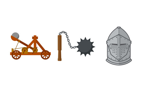 Medieval History Icons Collection Featuring A Wooden Trebuchet A Spiked Flail Weapon And A Steel Knight Helmet