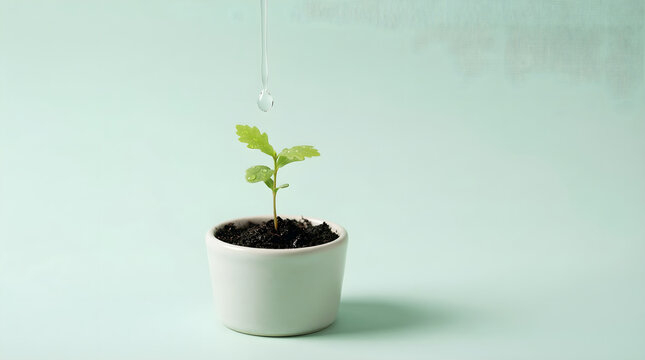 A single glistening water droplet gently nourishes a vibrant green sprout, symbolizing new beginnings and the tender care required for growth in a pristine white pot