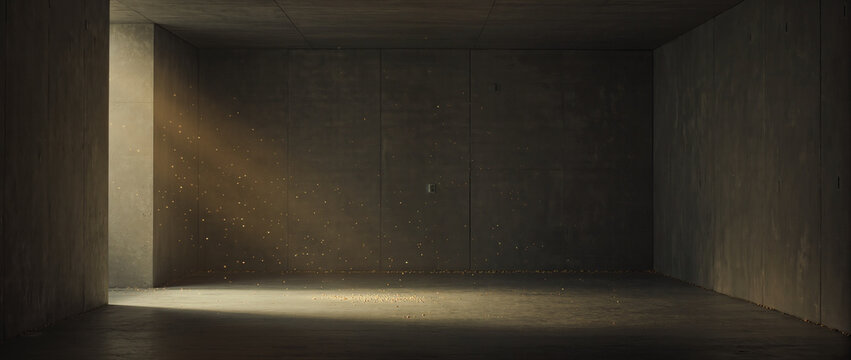 Dramatic warm light beam entering a dark empty concrete room. Illuminated dust particles floating in the air. Industrial architectural background