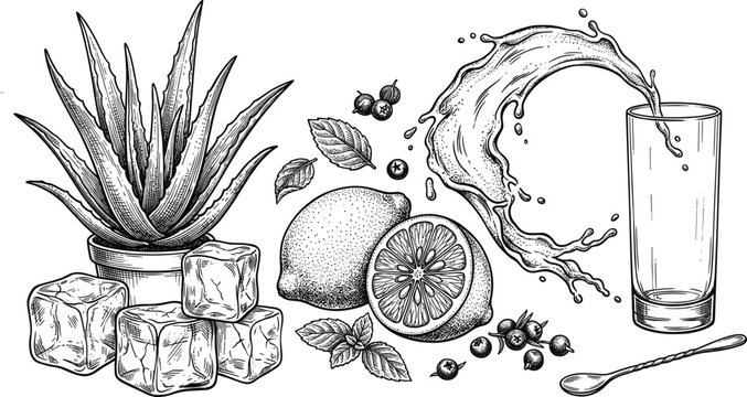 Fresh aloe vera juice engraving vector sketch with lemon plant mint leaf ice cube glass and liquid splash